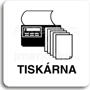 Informační tabulka Bílý piktogram "tiskárna" s černým textem bez rámečku - 80 x 80 mm