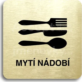 Značení Zlatý piktogram "mytí nádobí" s černým textem bez rámečku -