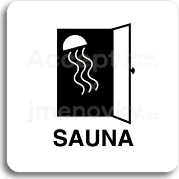 Informační tabulka Bílý piktogram "sauna II" s černým textem bez rámečku -