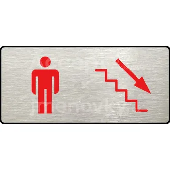 Informační tabulka Stříbrný&nbsp;piktogram "WC MUŽI VPRAVO DOLŮ" s červeným textem a rámečkem&nbsp;-