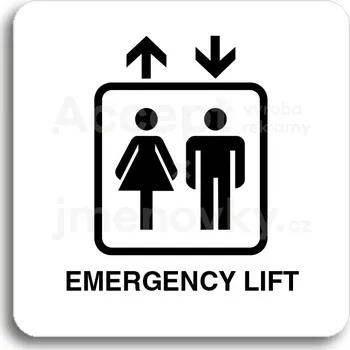 Informační tabulka Bílý piktogram "emergency lift" s černým textem bez rámečku&nbsp;-