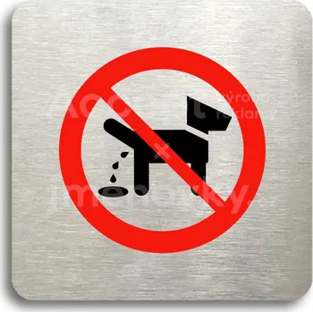 Informační tabulka Stříbrný piktogram "zákaz venčení zvířat" s červeným textem bez rámečku - 80 x 80 mm