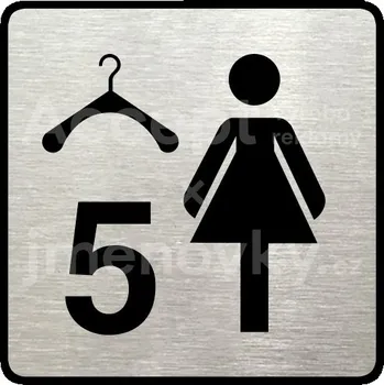 Informační tabulka Stříbrný piktogram "šatna ženy 5" s černým&nbsp;textem a rámečkem&nbsp;-