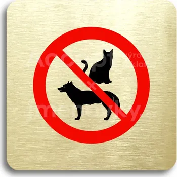 Informační tabulka Zlatý&nbsp;piktogram "zákaz vstupu se zvířaty" s červeným textem bez rámečku&nbsp;-