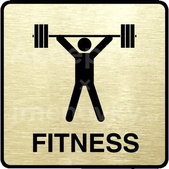 Informační tabulka Zlatý piktogram "fitness III" s černým textem a rámečkem - 80 x 80 mm