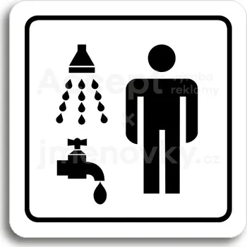 Informační tabulka Bílý piktogram "sprcha, umývárna muži" s černým textem a rámečkem - 80 x 80 mm