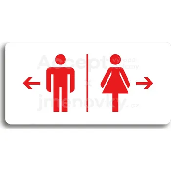 Informační tabulka Bílý piktogram "WC MUŽI VLEVO, WC ŽENY VPRAVO" s červeným textem bez rámečku&nbsp;-