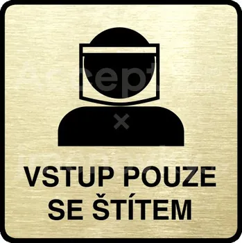 Informační tabulka Zlatý piktogram "vstup pouze se štítem III" s černým&nbsp;textem a rámečkem&nbsp;-