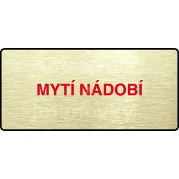 Informační tabulka Zlatý piktogram "MYTÍ NÁDOBÍ" s červeným textem a rámečkem -