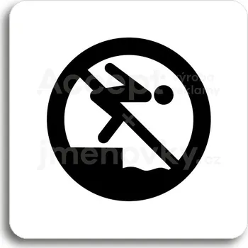 Informační tabulka Bílý piktogram "zákaz skákání do vody" s černým textem bez rámečku&nbsp;-