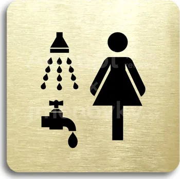 Informační tabulka Zlatý piktogram "sprcha, umývárna ženy" s černým textem bez rámečku -