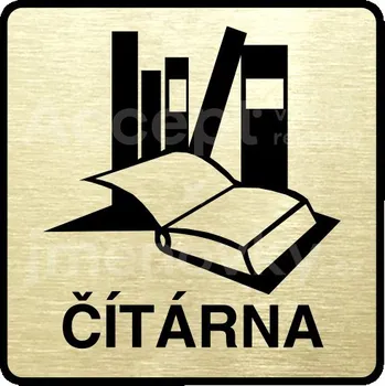 Informační tabulka Zlatý piktogram "čítárna" s černým&nbsp;textem a rámečkem&nbsp;-