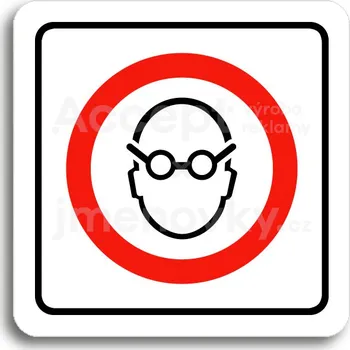 Informační tabulka Bílý piktogram "použij ochranu zraku" s červeným textem a rámečkem&nbsp;-