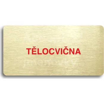 Informační tabulka Zlatý piktogram "TĚLOCVIČNA" s červeným textem bez rámečku -