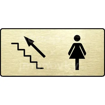 Značení Zlatý piktogram "WC ŽENY VLEVO NAHORU" s černým&nbsp;textem a rámečkem&nbsp;-
