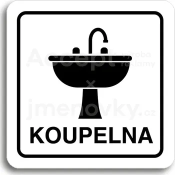 Informační tabulka Bílý piktogram "koupelna IV" s černým textem a rámečkem - 80 x 80 mm