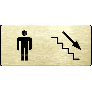 Informační tabulka Zlatý piktogram "WC MUŽI VPRAVO DOLŮ" s černým textem a rámečkem -
