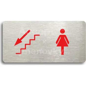 Informační tabulka Stříbrný piktogram "WC ŽENY VLEVO DOLŮ" s červeným textem bez rámečku -