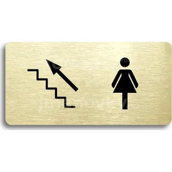 Informační tabulka Zlatý piktogram "WC ŽENY VLEVO NAHORU" s černým textem bez rámečku -