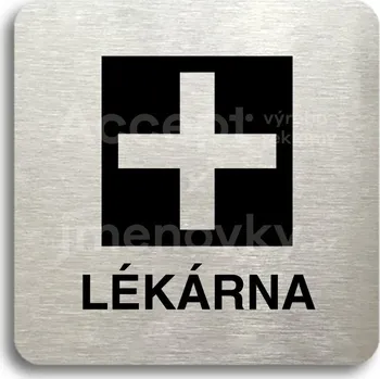 Značení Stříbrný piktogram "lékárna" s černým&nbsp;textem bez rámečku -