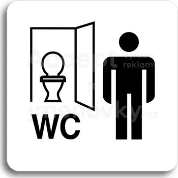 Informační tabulka Bílý piktogram "WC muži kabinka" s černým textem bez rámečku&nbsp;-