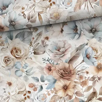 Úplet, Krémové boho květy (E) (Hebké bavlněné úplety s elastanem )