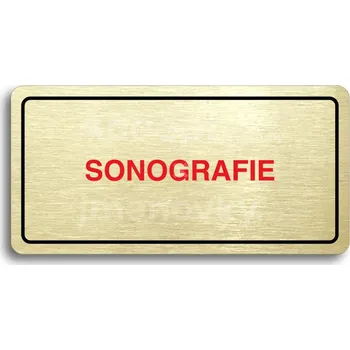 Informační tabulka Zlatý&nbsp;piktogram "SONOGRAFIE" s červeným textem a rámečkem&nbsp;-