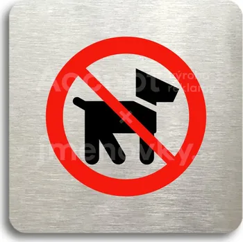 Informační tabulka Stříbrný&nbsp;piktogram "zákaz vstupu se psem II" s červeným textem bez rámečku&nbsp;-