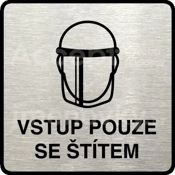 Informační tabulka Stříbrný piktogram "vstup pouze se štítem V" s černým&nbsp;textem a rámečkem&nbsp;-