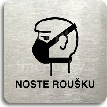 Informační tabulka Stříbrný piktogram "noste roušku II" s černým textem bez rámečku - 80 x 80 mm