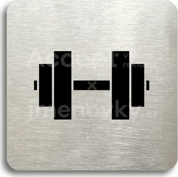 Informační tabulka Stříbrný piktogram "fitness V" s černým textem bez rámečku - 80 x 80 mm