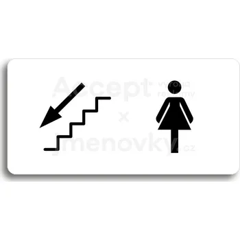 Značení Bílý piktogram "WC ŽENY VLEVO DOLŮ" s černým textem bez rámečku&nbsp;-