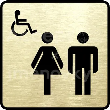 Informační tabulka Zlatý piktogram "WC ženy, muži, invalidé II" s černým&nbsp;textem a rámečkem&nbsp;-