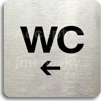Informační tabulka Stříbrný piktogram "WC vlevo" s černým textem bez rámečku -