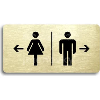 Informační tabulka Zlatý piktogram "WC ŽENY VLEVO, WC MUŽI VPRAVO" s černým&nbsp;textem bez rámečku&nbsp;-