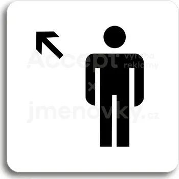 Informační tabulka Bílý piktogram "WC muži vlevo nahoru" s černým textem bez rámečku -
