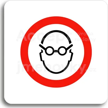 Informační tabulka Bílý piktogram "použij ochranu zraku" s červeným textem bez rámečku&nbsp;-