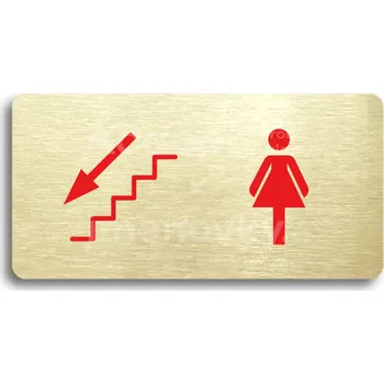 Informační tabulka Zlatý piktogram "WC ŽENY VLEVO DOLŮ" s červeným textem bez rámečku -