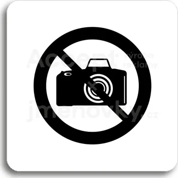 Informační tabulka Bílý piktogram "zákaz fotografování" s černým textem bez rámečku&nbsp;-