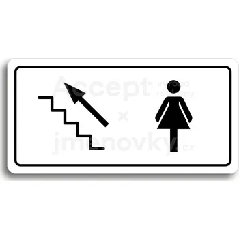 Informační tabulka Bílý piktogram "WC ŽENY VLEVO NAHORU" s černým textem a rámečkem&nbsp;-