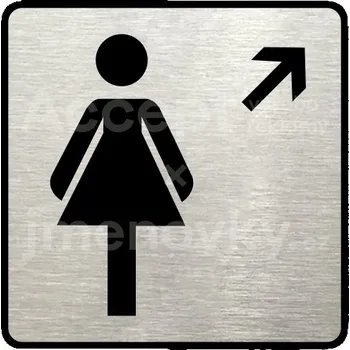 Informační tabulka Stříbrný piktogram "WC ženy vpravo nahoru" s černým textem a rámečkem -