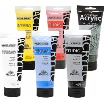 Vodová barva Akrylové barvy PHOENIX 200 Ml 6 kusů Základní SADA barev