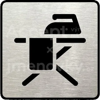 Informační tabulka Stříbrný piktogram "žehlení prádla" s černým textem a rámečkem -