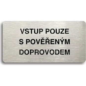 Informační tabulka Stříbrný piktogram "VSTUP POUZE S POVĚŘENÝM DOPROVODEM" s černým&nbsp;textem bez rámečku -