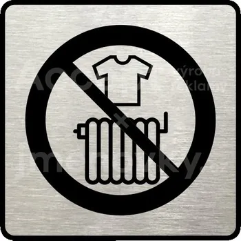 Informační tabulka Stříbrný piktogram "zákaz sušení prádla" s černým textem a rámečkem -