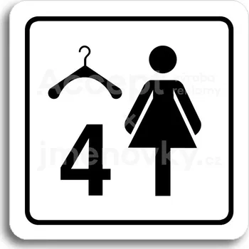 Informační tabulka Bílý piktogram "šatna ženy 4" s černým textem a rámečkem&nbsp;-