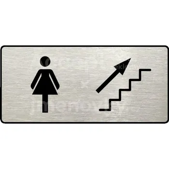 Informační tabulka Stříbrný piktogram "WC ŽENY VPRAVO NAHORU" s černým&nbsp;textem a rámečkem&nbsp;-