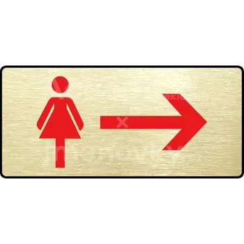Informační tabulka Zlatý&nbsp;piktogram "WC ŽENY VPRAVO" s červeným textem a rámečkem&nbsp;-