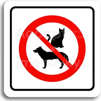 Informační tabulka Bílý piktogram "zákaz vstupu se zvířaty" s červeným textem a rámečkem&nbsp;-