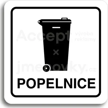 Informační tabulka Bílý piktogram "popelnice IV" s černým textem a rámečkem&nbsp;-